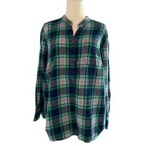 Lands End Womens 1X Flannel Top Green Red Navy Plaid Long Sleeve Cotton Fall